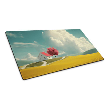 Rectangular glass cutting board with dreamy countryside scene, white house, red roof, pink tree, blue sky