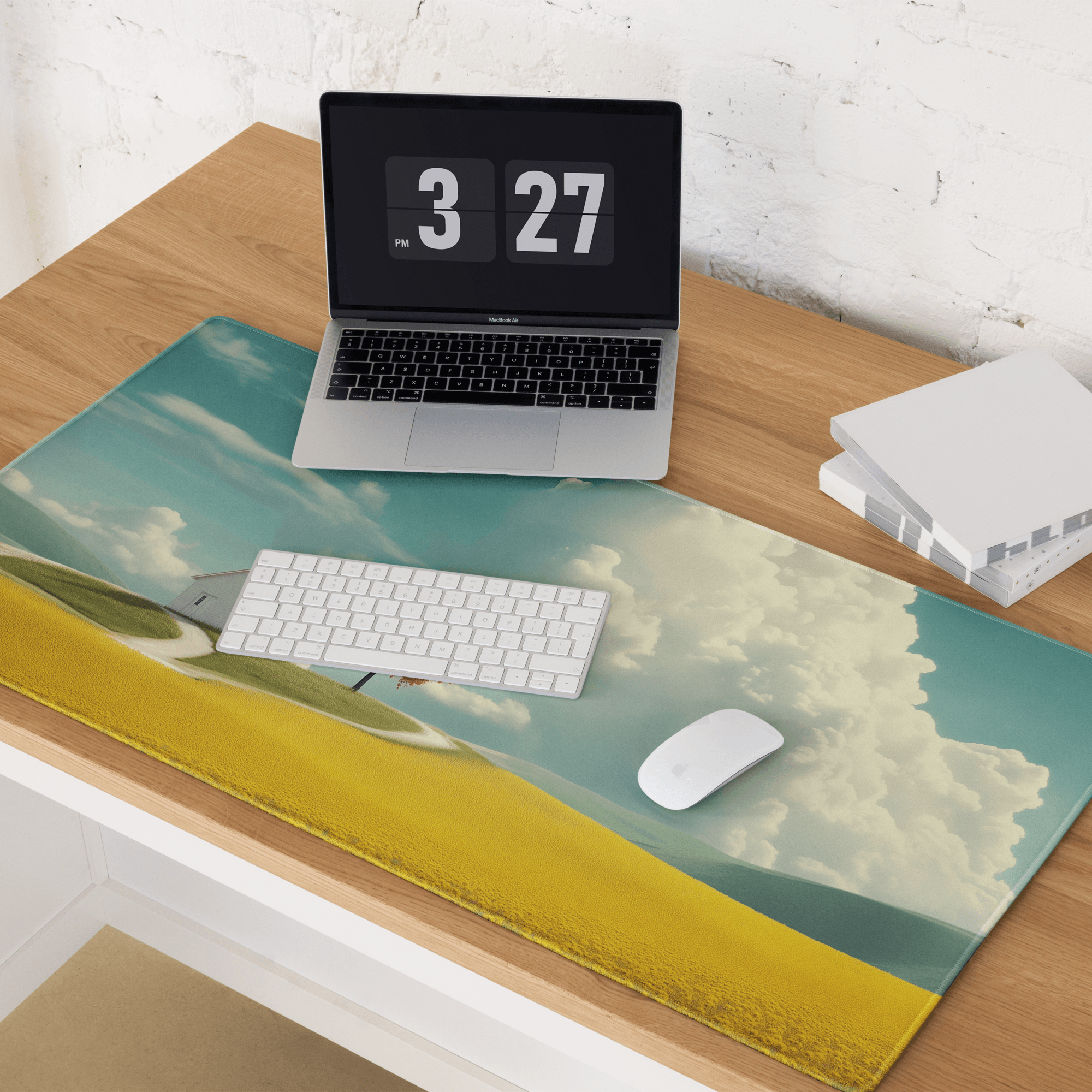 Dreamy landscape gaming mouse pad with white house, red tree over yellow field