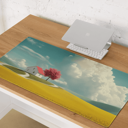 Dreamy landscape mouse pad with white house, red tree, yellow field