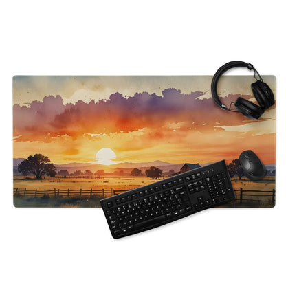 Warm sunset rural watercolor mousepad with non-slip backing, large gaming size