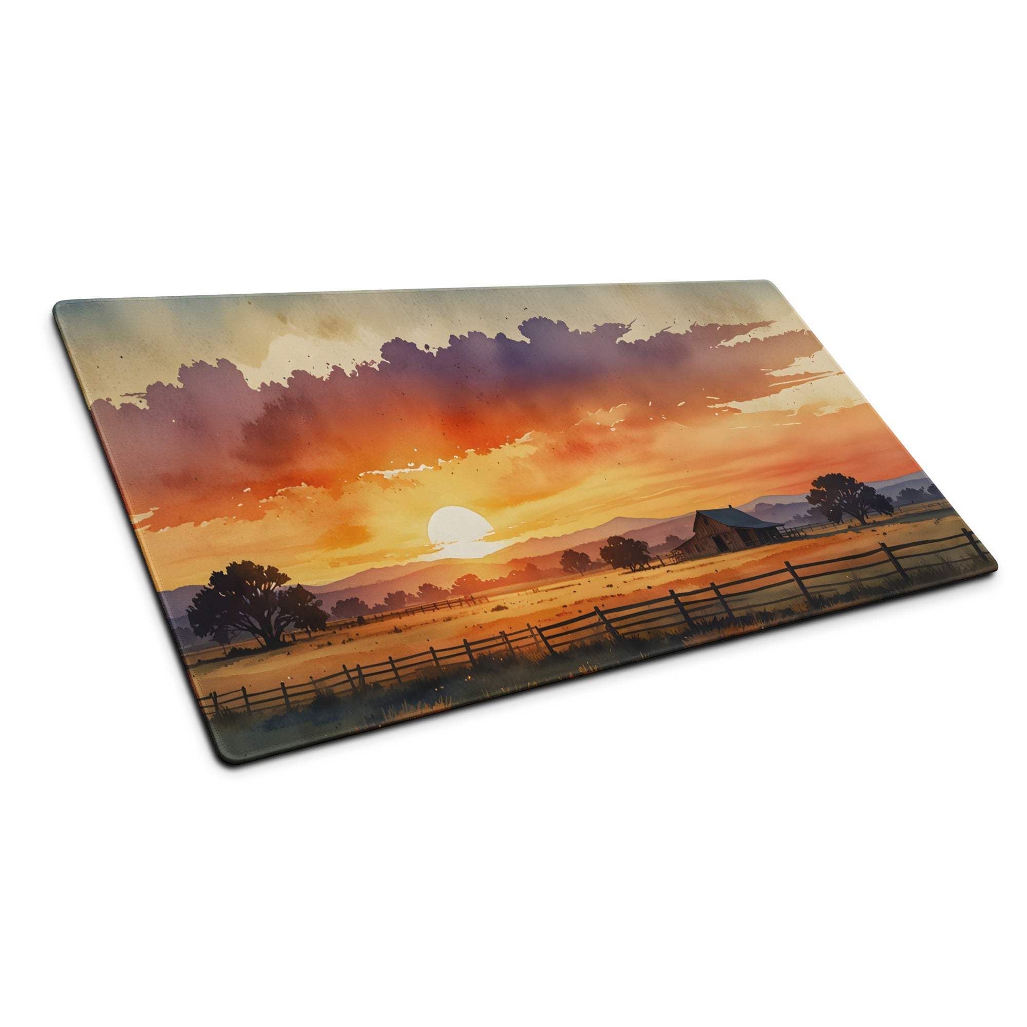 Warm sunset rural landscape watercolor glass cutting board with silhouetted barn