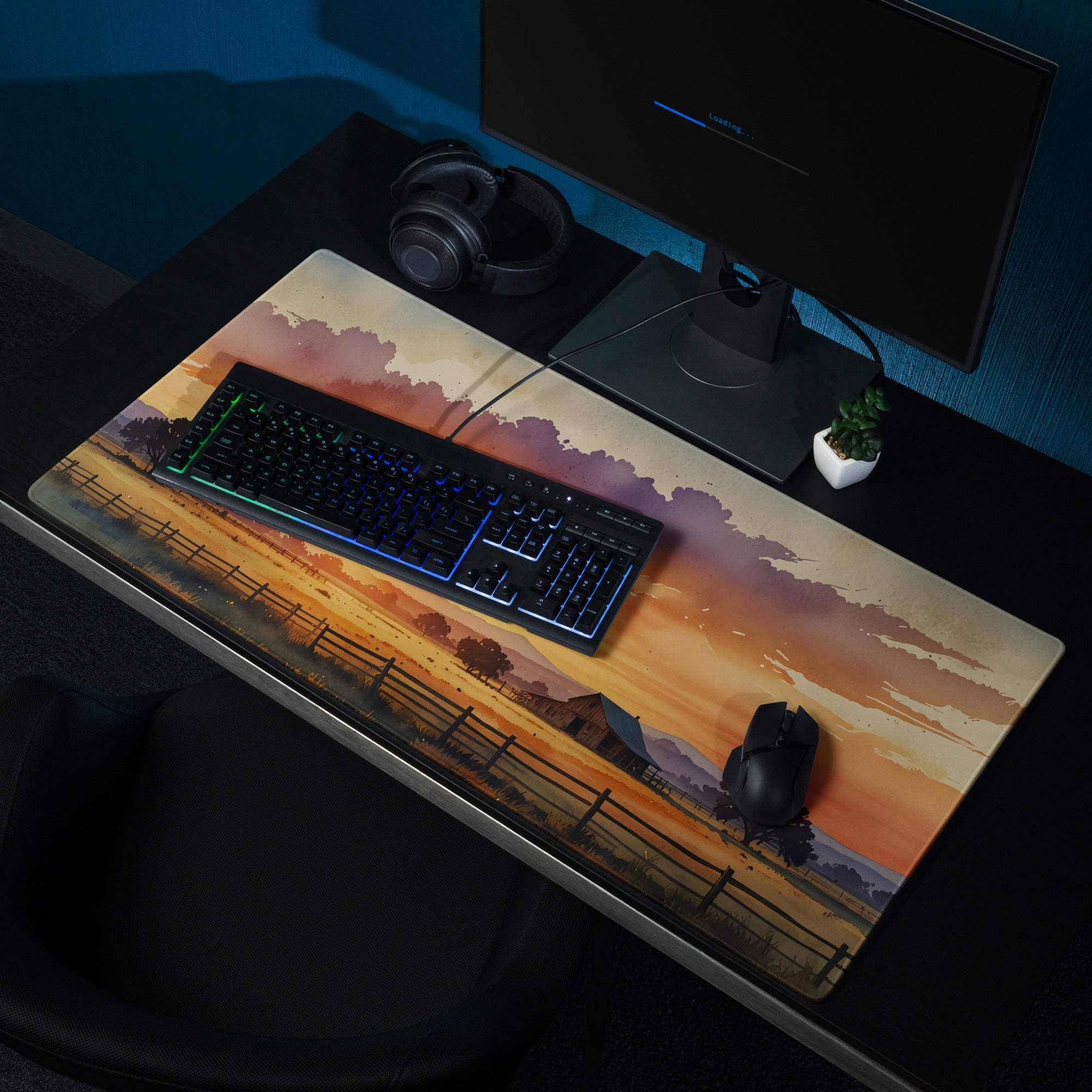 Warm sunset farm gaming mouse pad with non-slip backing and stitched edges