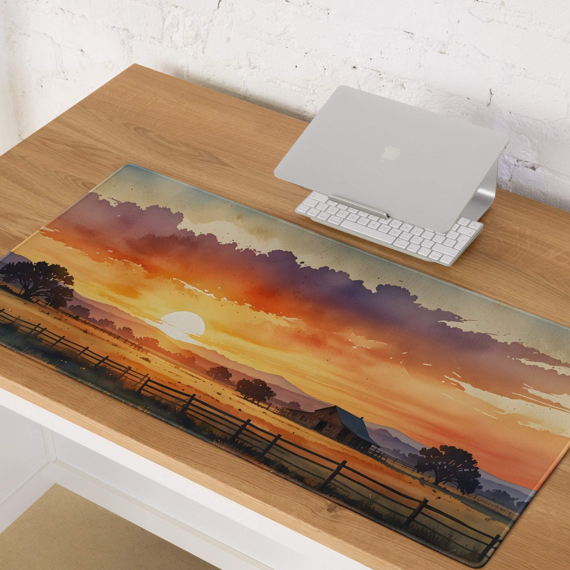 Vibrant watercolor sunset farm mousepad with non-slip backing