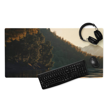 Black keyboard and mouse on premium large gaming mouse pad with mountain landscape