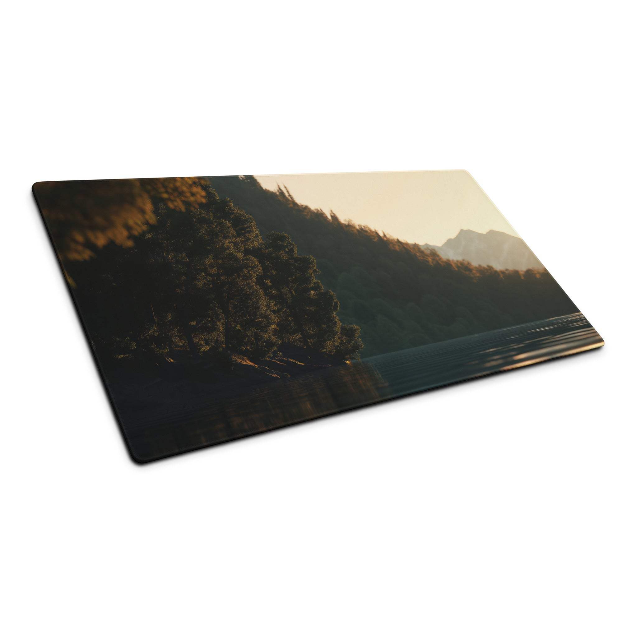 Premium large gaming mouse pad with serene lakeside landscape design