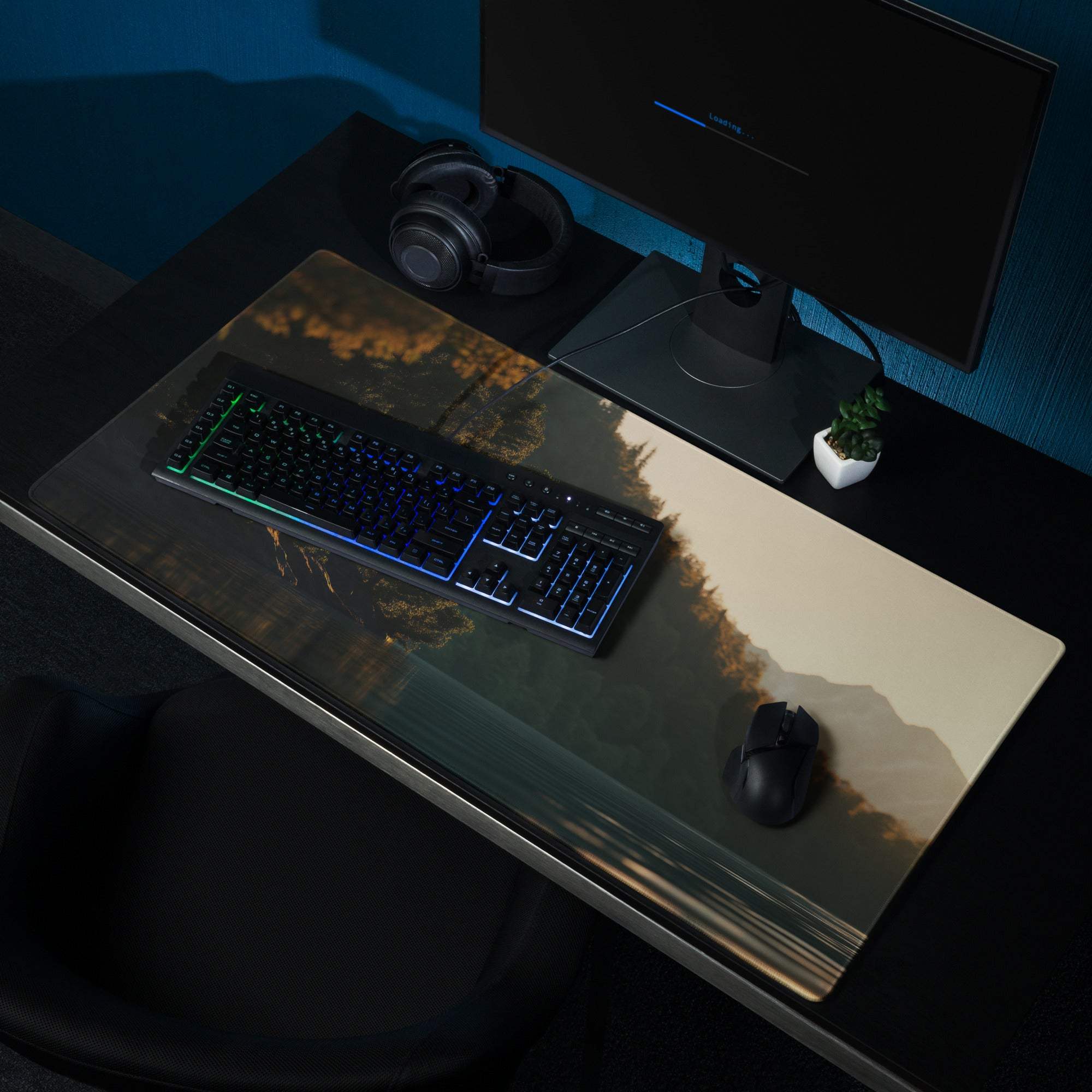 Sleek large gaming mouse pad with dark teal to beige sunset gradient and non-slip base
