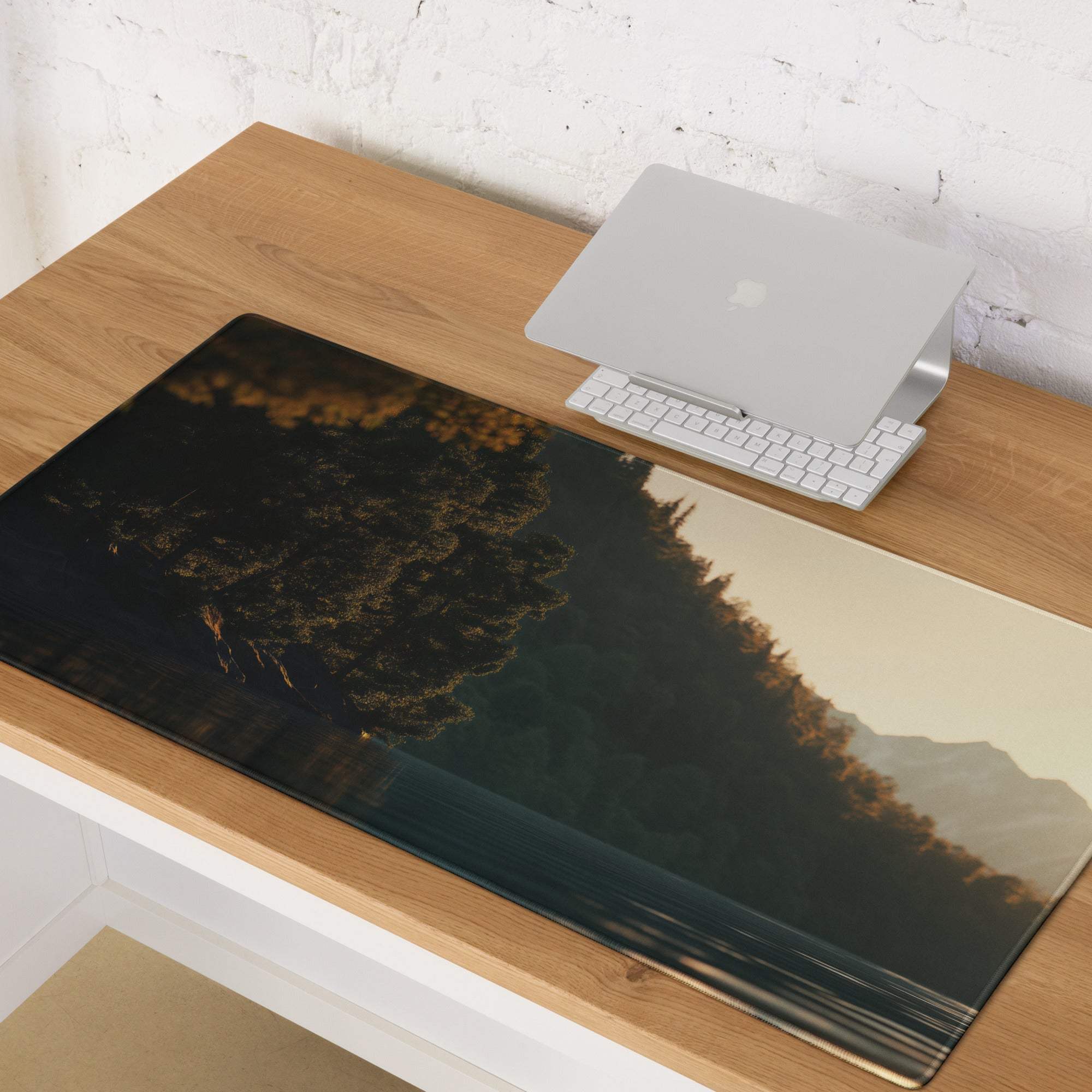 Premium large gaming mouse pad with serene forest lake design