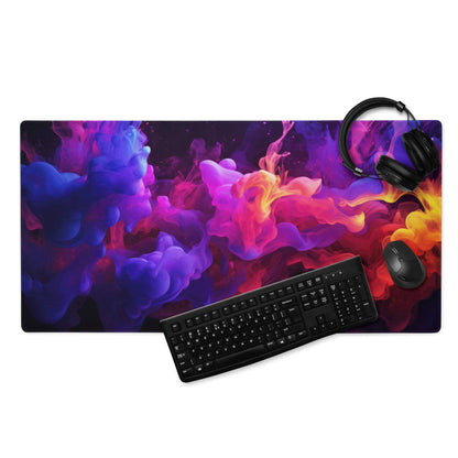 Vibrant nebula smoke purple pink mouse pad with black keyboard mouse