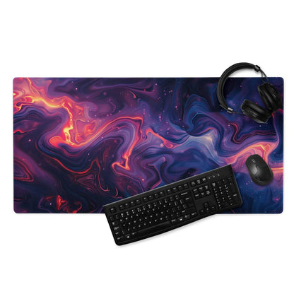 Vibrant nebula gaming mouse pad with cosmic gradients, non-slip base, stitched edges