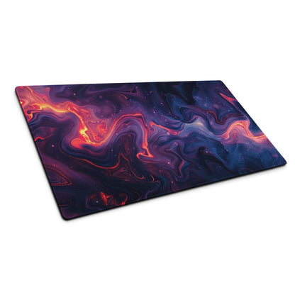 Vibrant abstract nebula gaming mouse pad with cosmic purple orange design, non-slip base