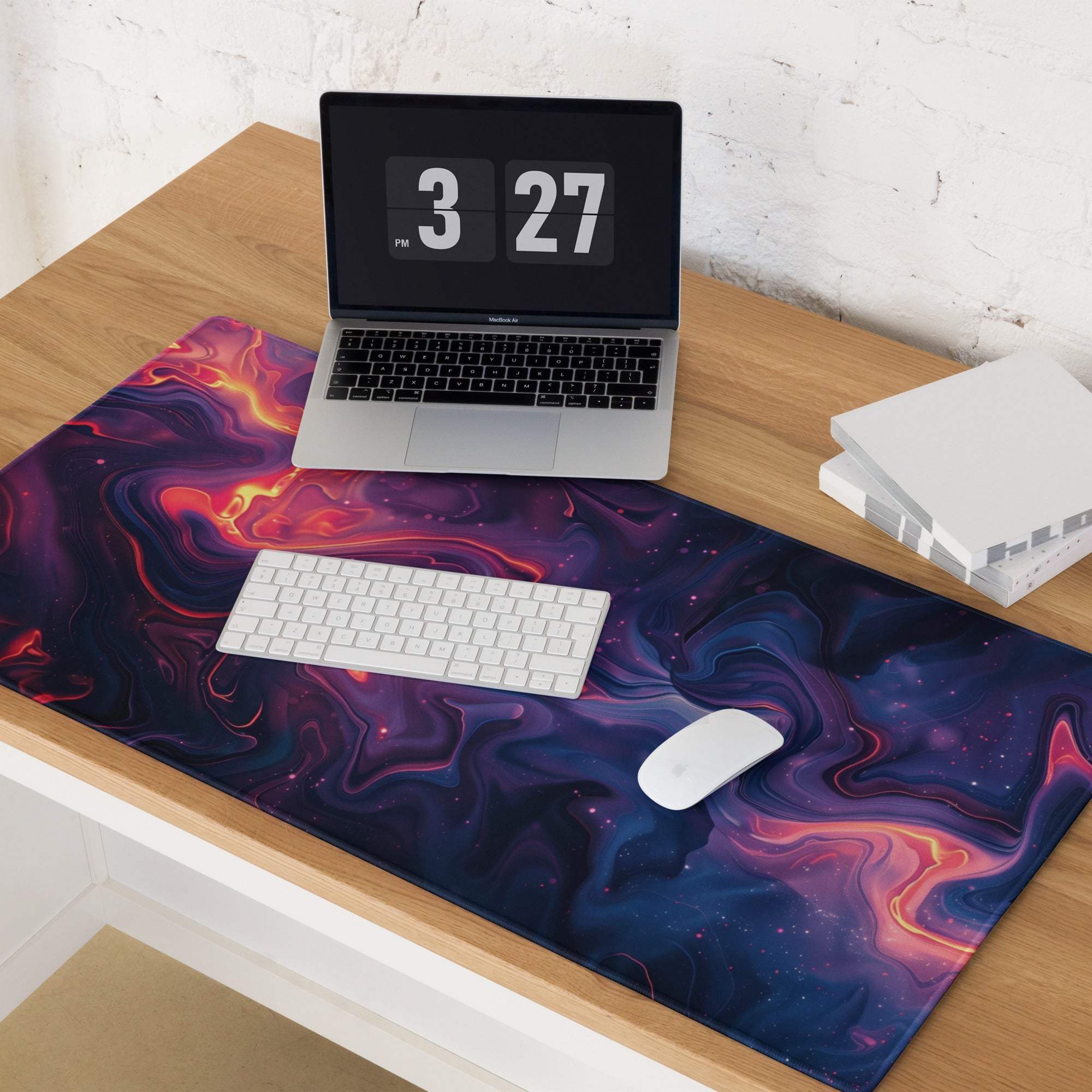 Vibrant nebula gaming mouse pad with cosmic swirls, non-slip base, stitched edges