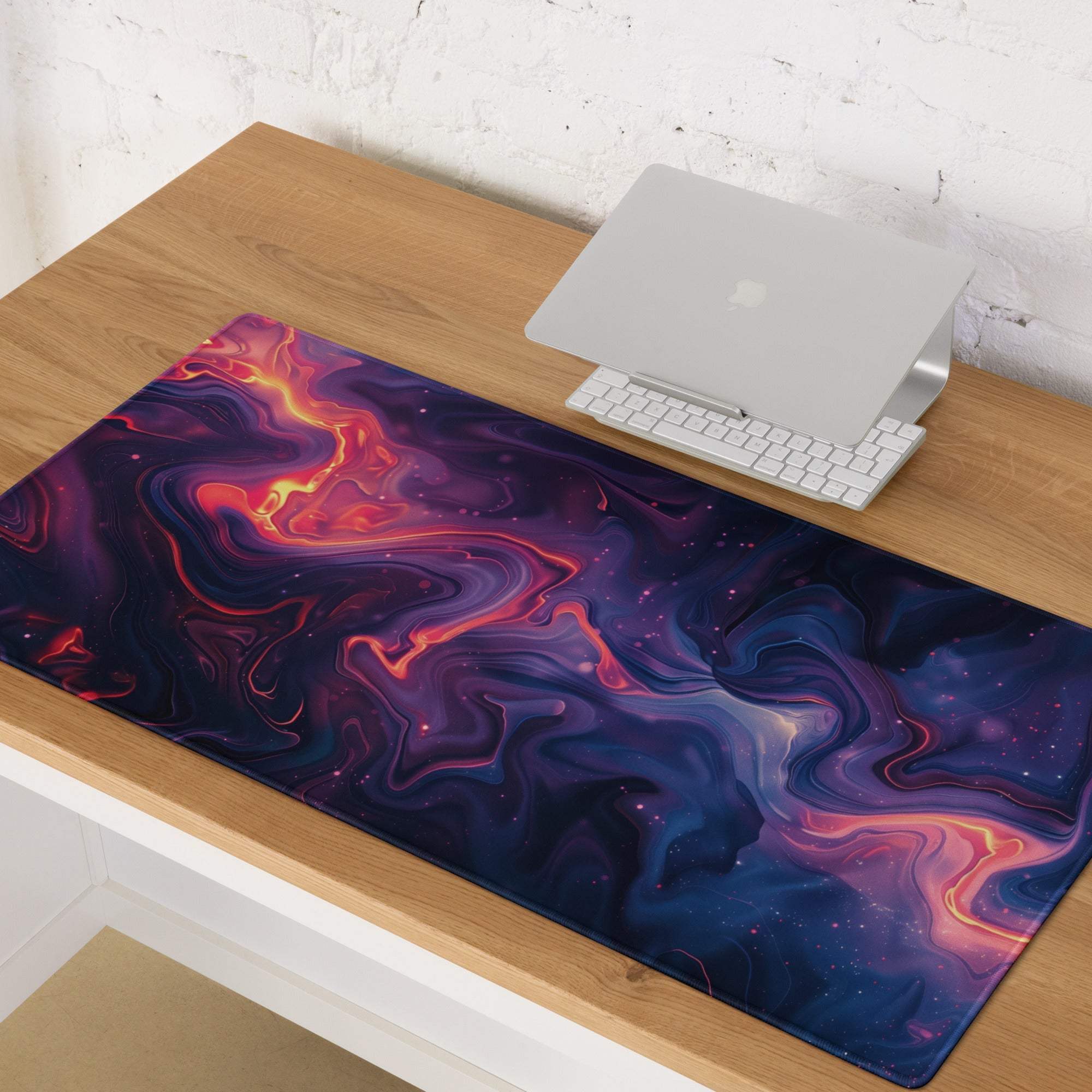 Vibrant abstract nebula gaming mouse pad with cosmic purple swirls, stars, non-slip base