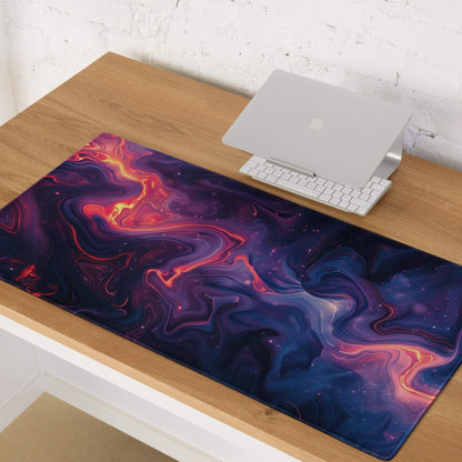 Vibrant abstract nebula gaming mouse pad with cosmic purple swirls, stars, non-slip base
