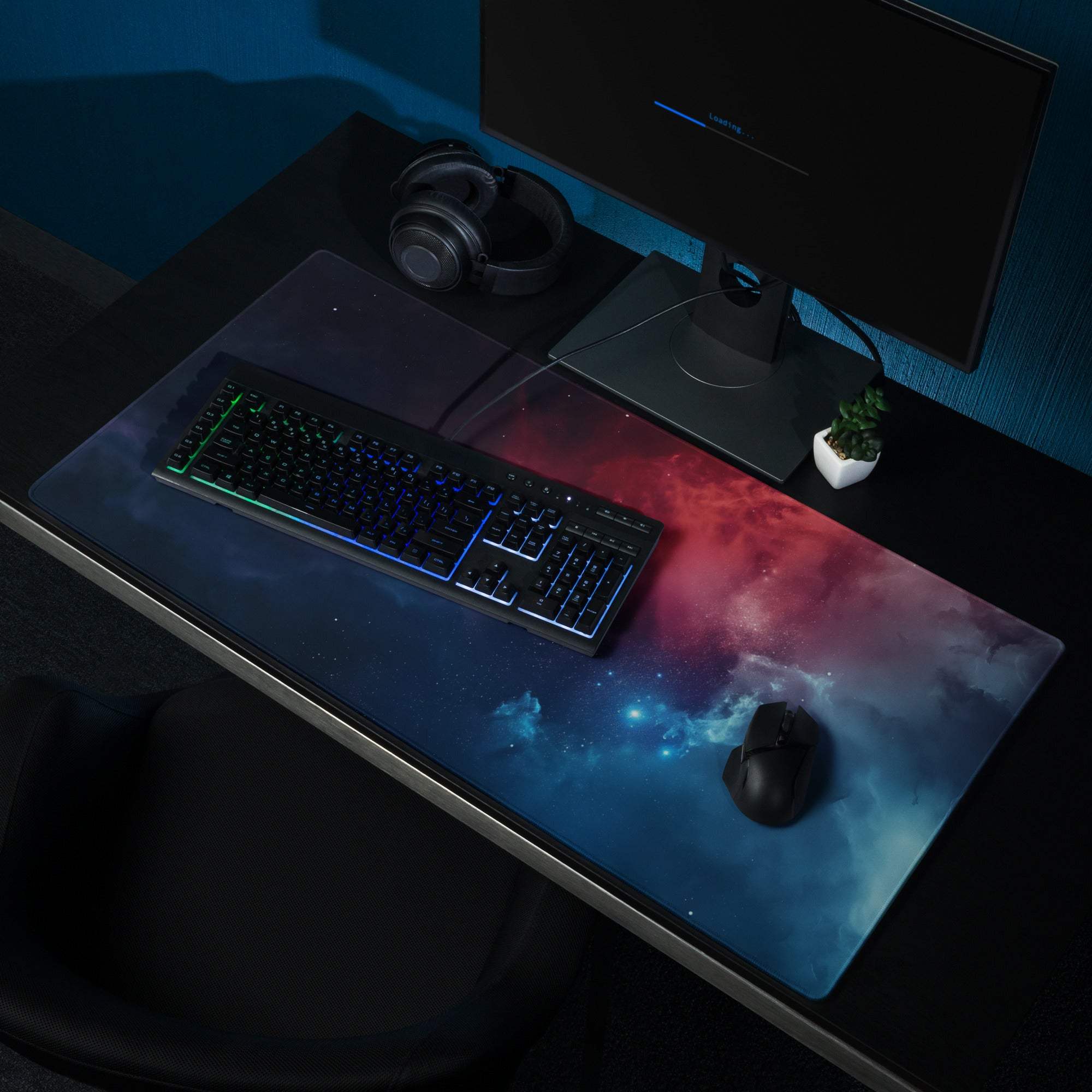 Cosmic Nebula gaming mouse pad with deep blue-purple-red gradient, non-slip base, stitched edges
