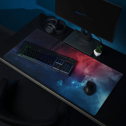 Cosmic Nebula gaming mouse pad with deep blue-purple-red gradient, non-slip base, stitched edges