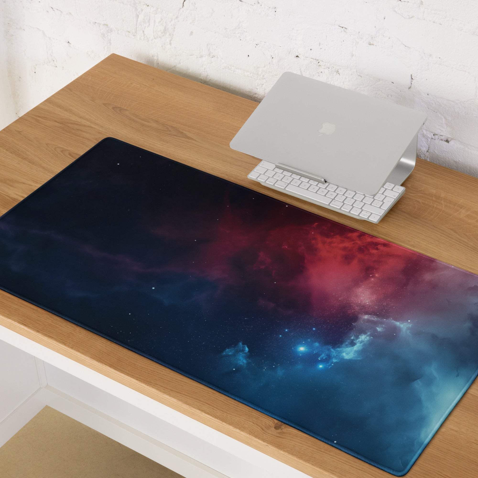 Cosmic Nebula gaming mouse pad with vibrant nebula, non-slip base, stitched edges