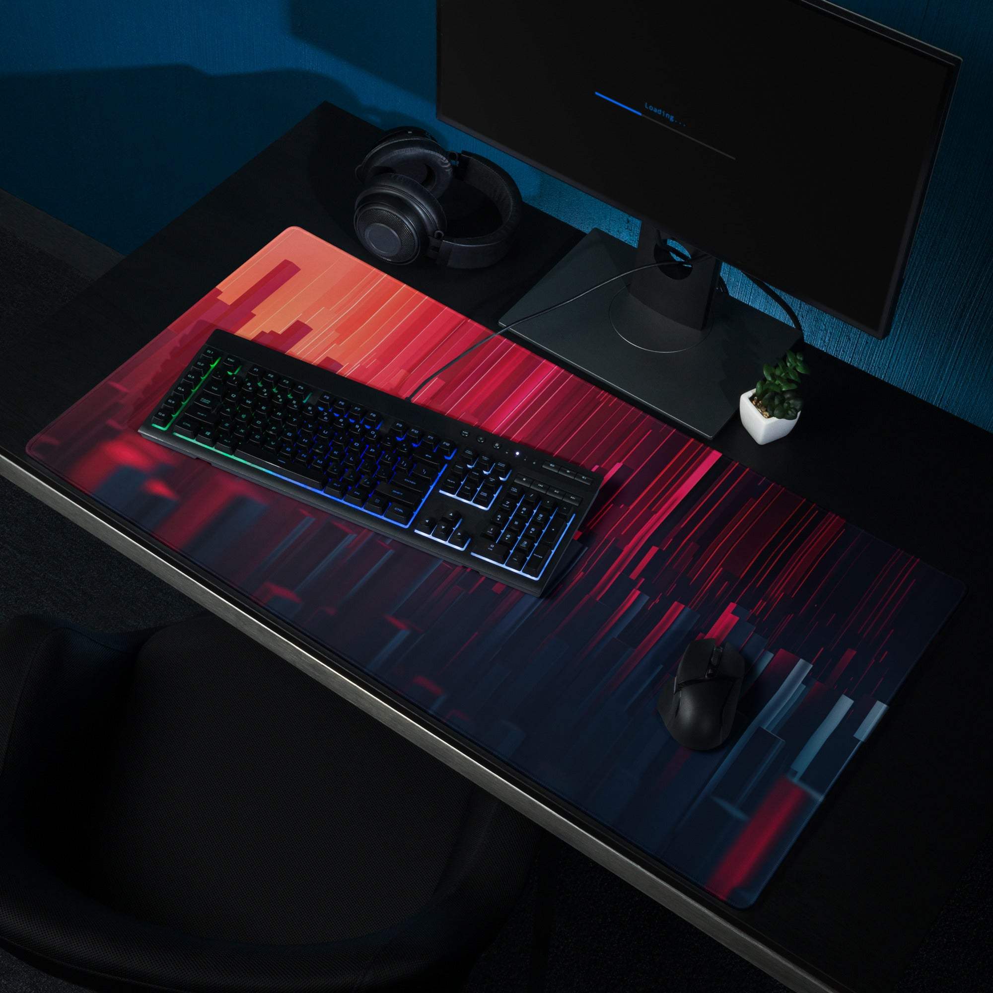 Cyberpunk neon city gradient gaming mouse pad in red blue mood