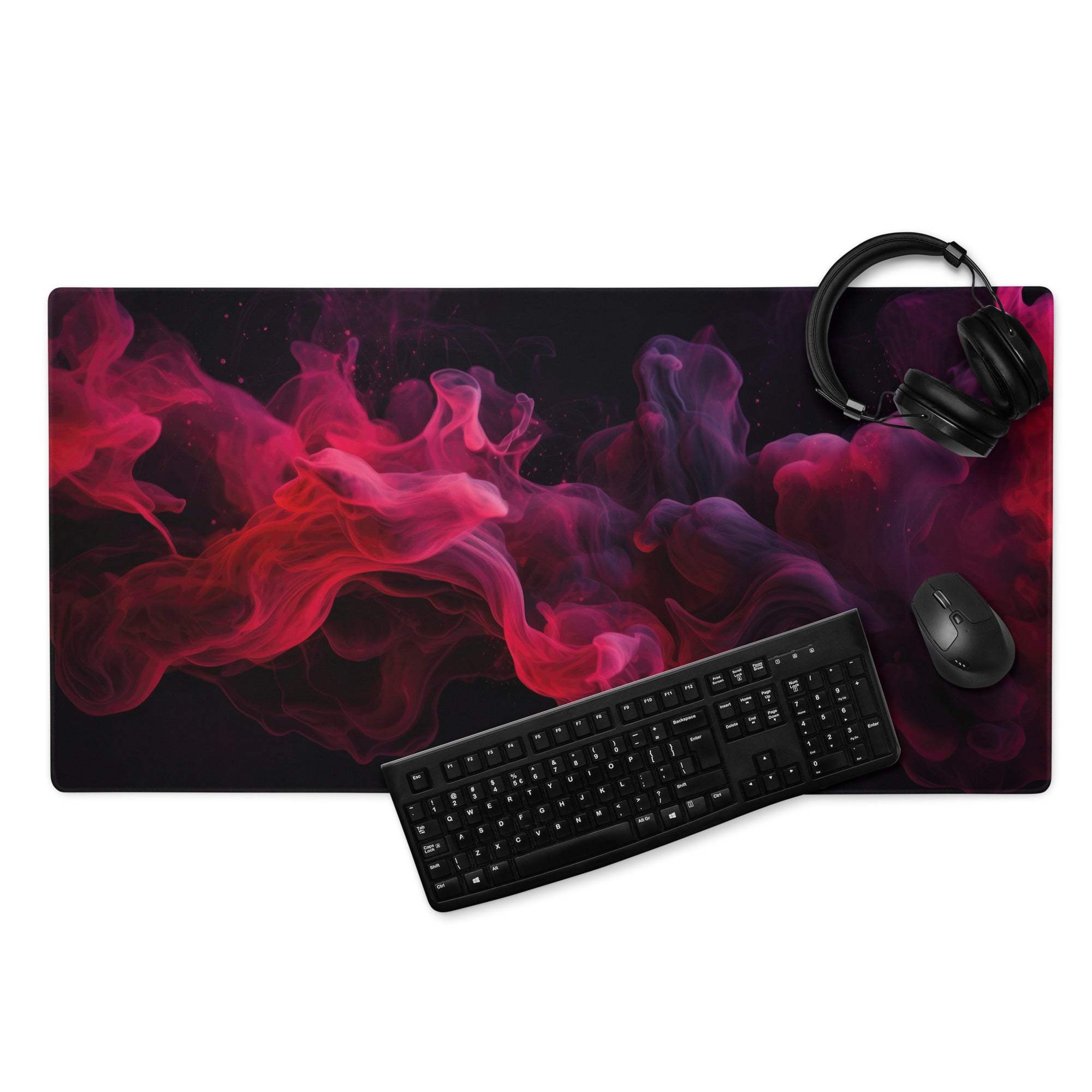 Premium ultra wide gaming mouse pad with vivid red and pink smoke nebula on black
