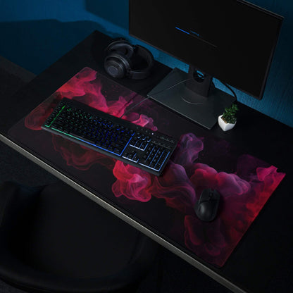 Premium ultra wide gaming mouse pad with vivid red pink smoke on black