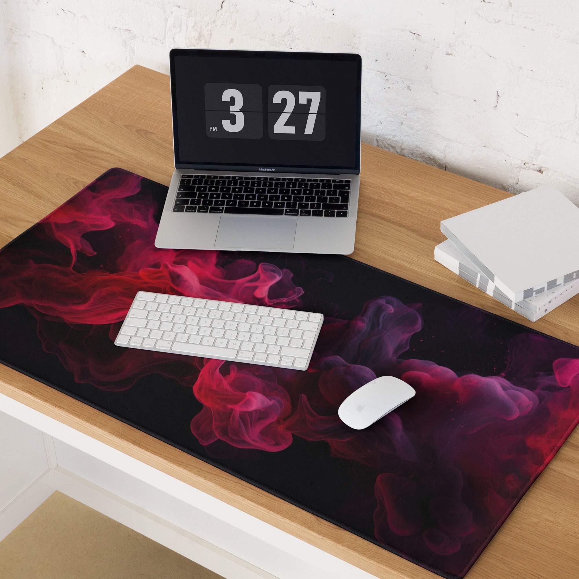 Premium ultra wide gaming mouse pad with vivid red purple smoke on black
