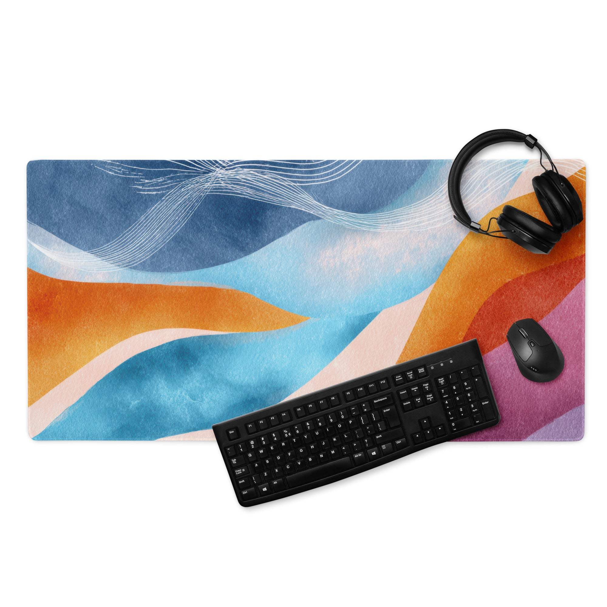 Vibrant abstract waves gaming mouse pad with blue orange pink watercolor design