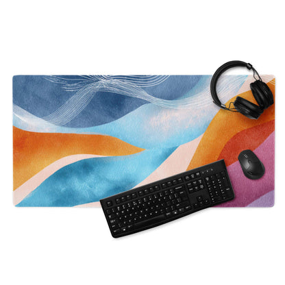 Vibrant abstract waves gaming mouse pad with blue orange pink watercolor design