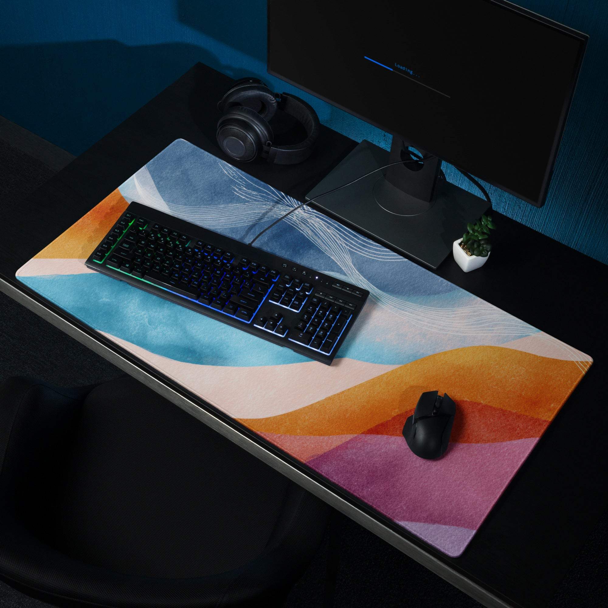 Vibrant abstract waves gaming mouse pad, large non-slip base stitched edge