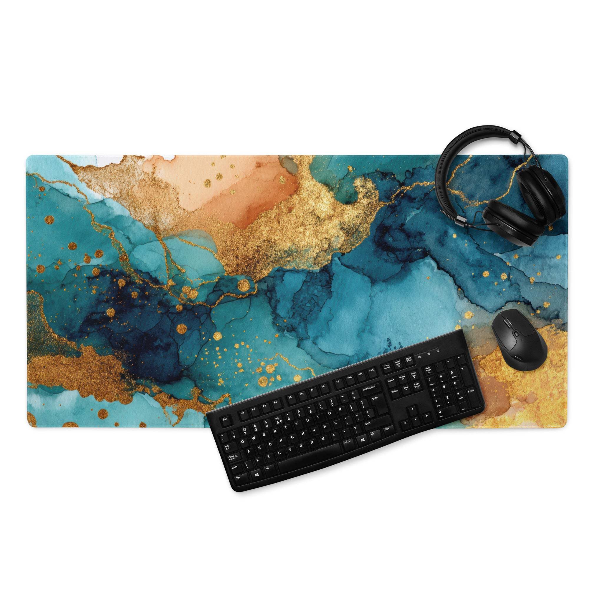 Elegant large teal blue gold marble gaming mouse pad with non-slip backing