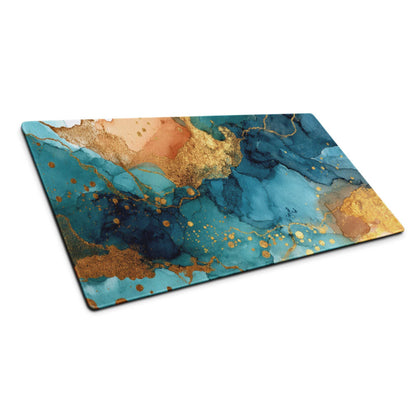 Elegant teal blue gold marble mouse pad with non-slip backing and edge stitching