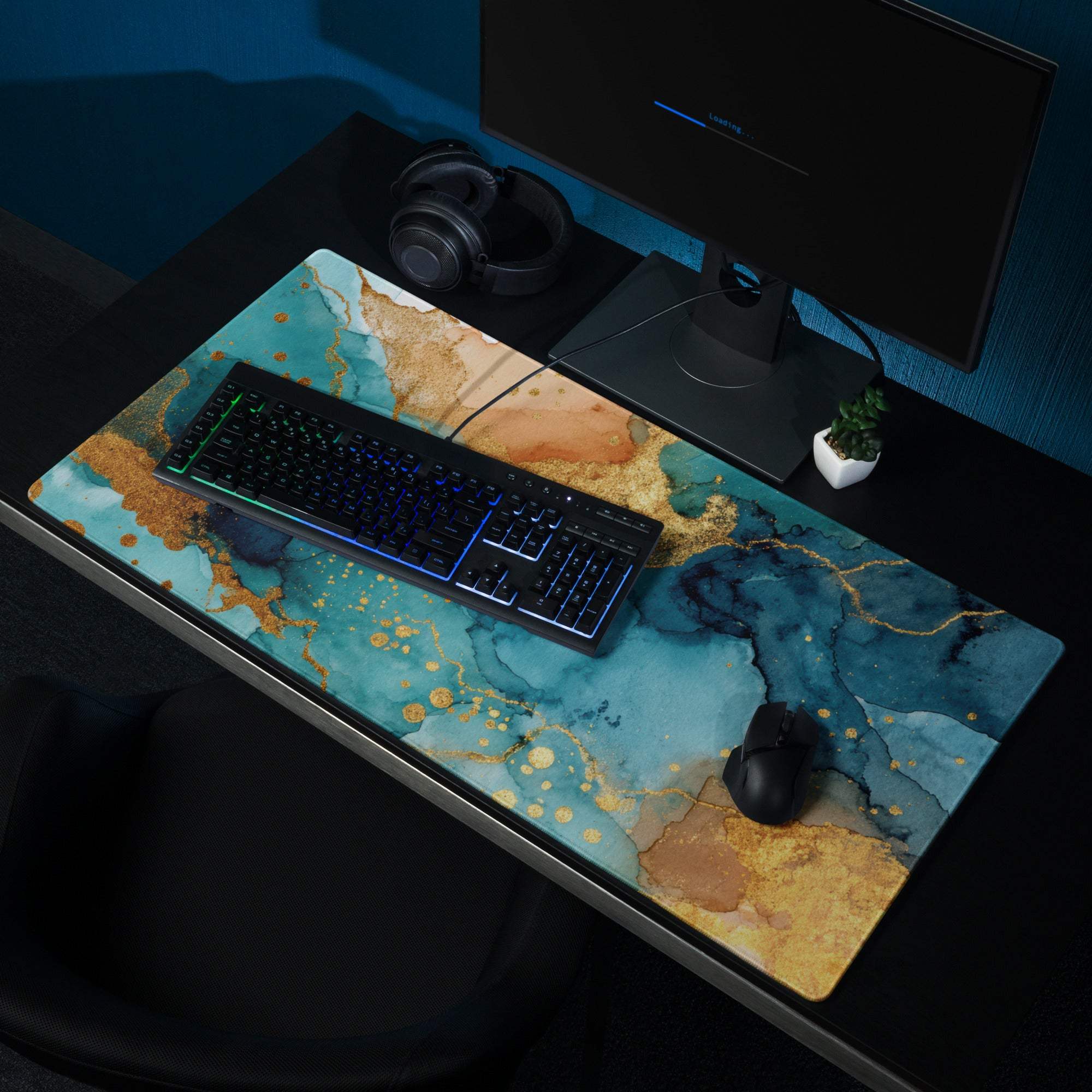 Elegant teal blue gold marble large gaming mouse pad with non-slip backing