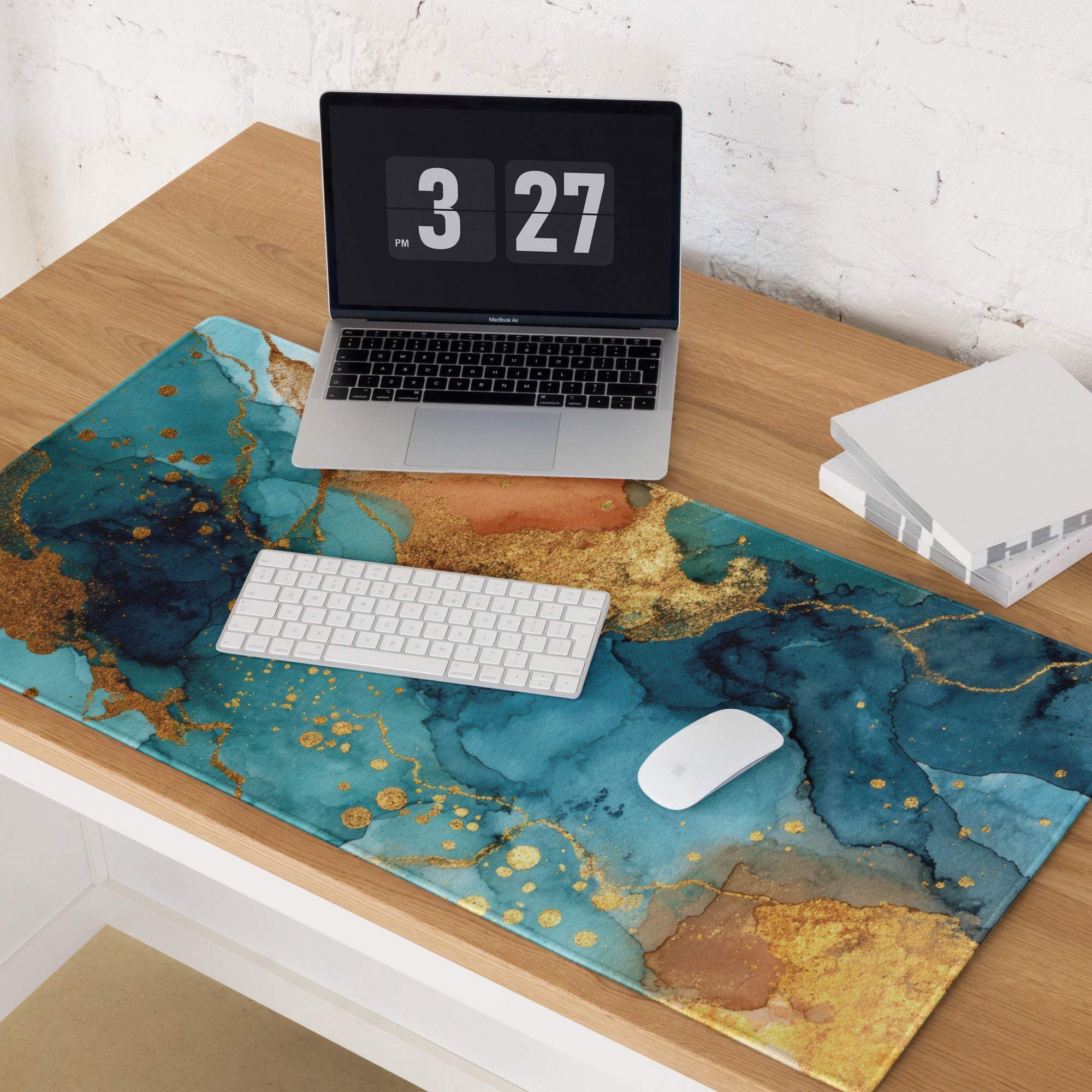 Elegant teal gold marble large gaming mouse pad with non-slip backing