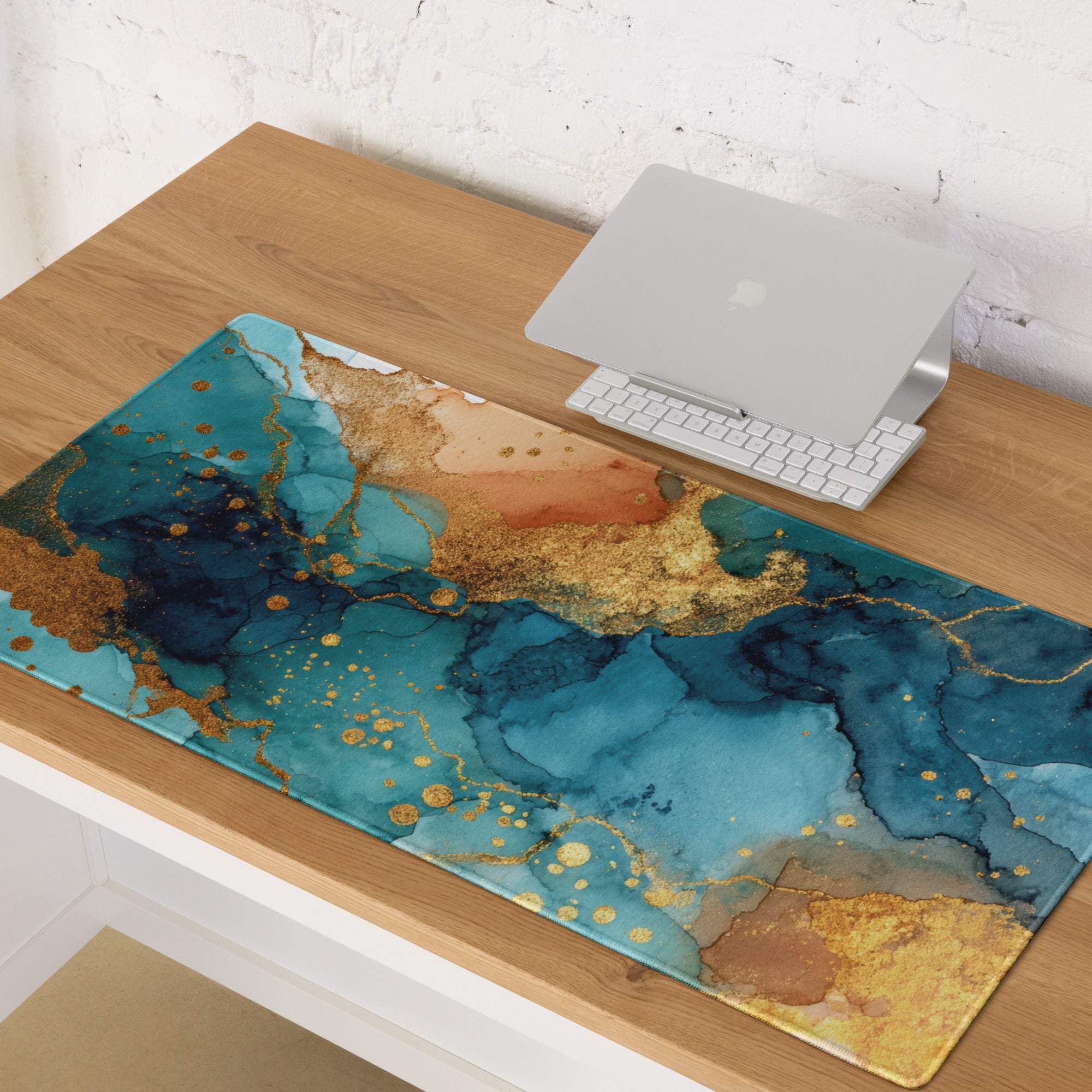 Elegant large teal gold marble gaming mouse pad with non-slip backing