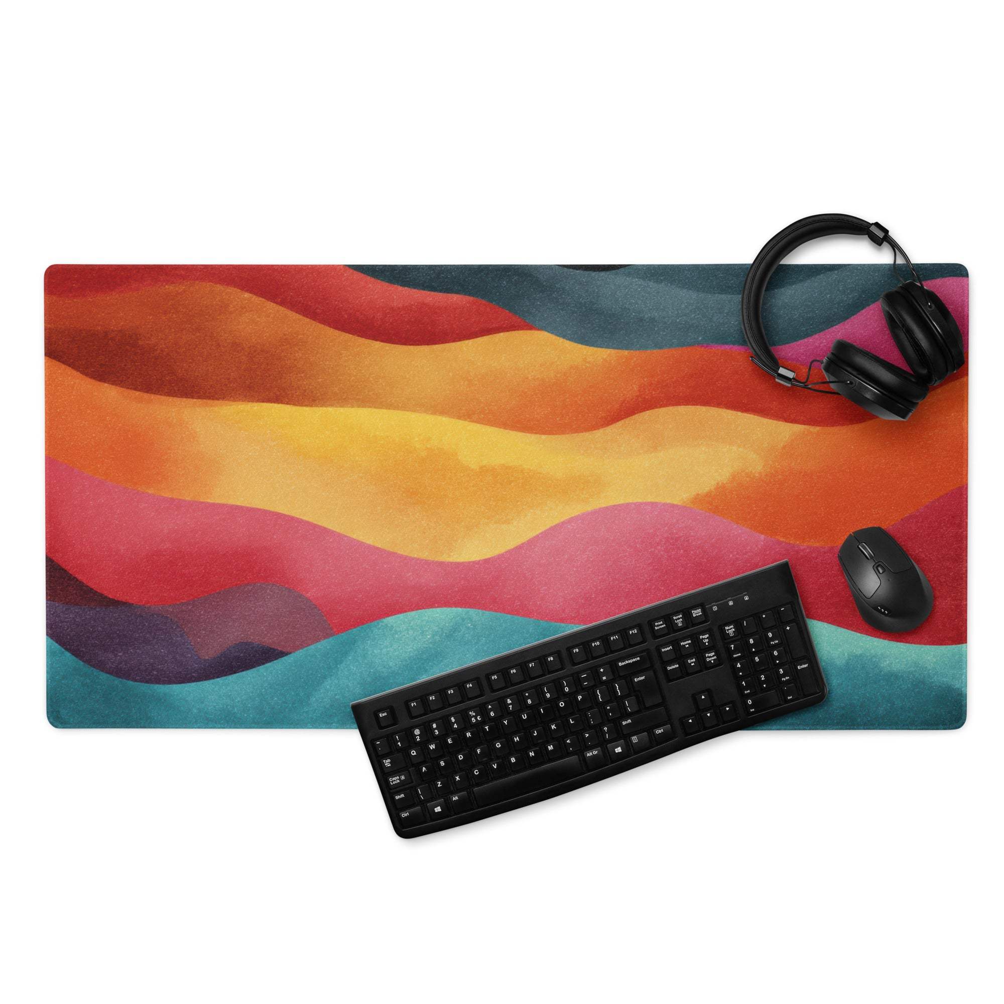 Vibrant abstract waves gaming mouse pad with watercolor orange red yellow pink teal design