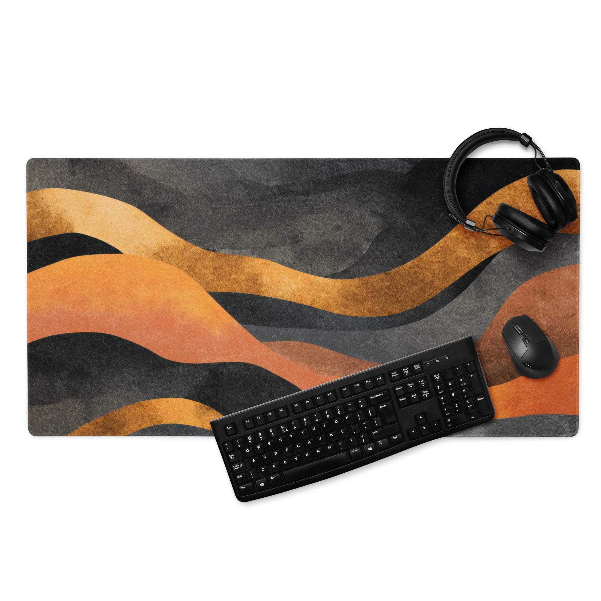 Abstract wave fiery orange black gray gaming mouse pad large non-slip backing