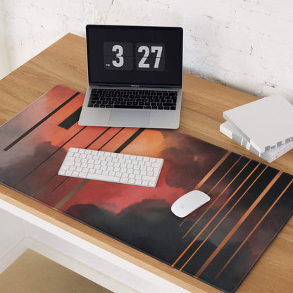 Abstract neon sunset gaming mouse pad with red black stripes under laptop keyboard
