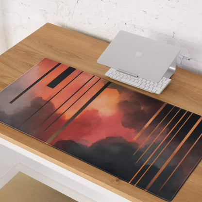 Abstract neon sunset gaming mouse pad with glossy rectangular mat, orange black clouds, stripes, non-slip base