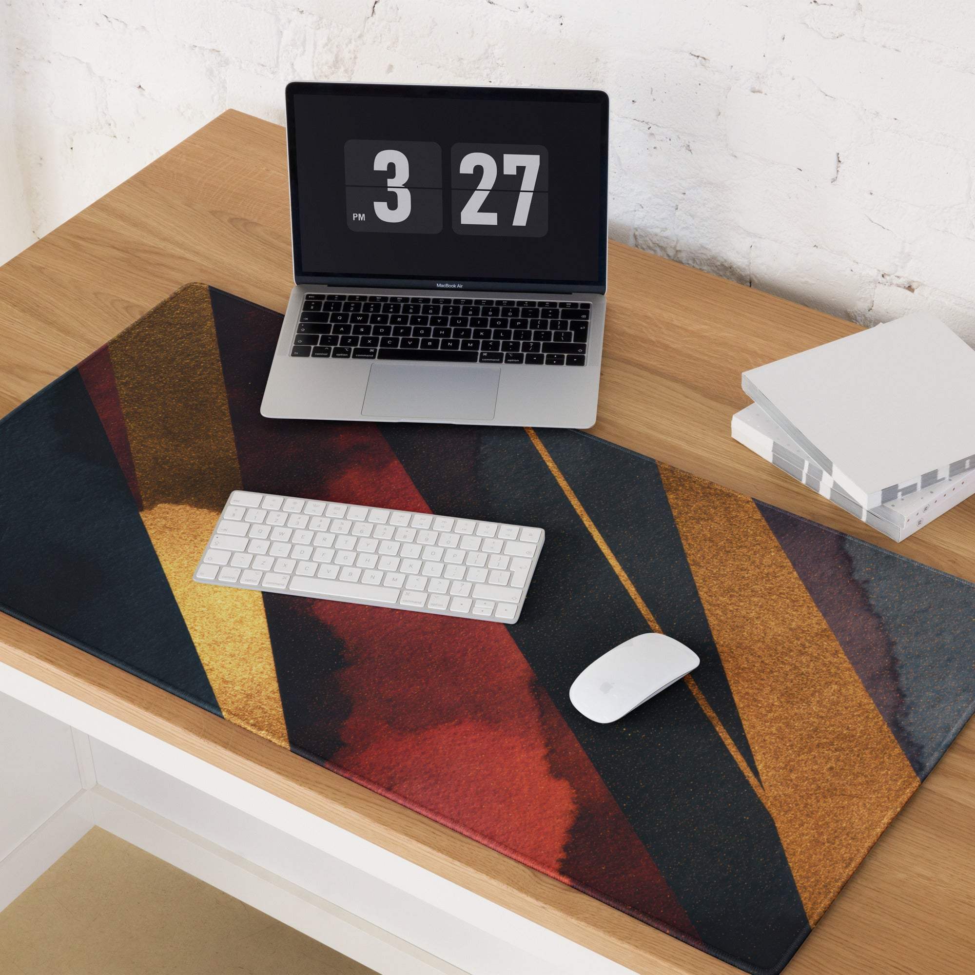 Large premium dark gold striped gaming mouse pad with red black diagonal pattern