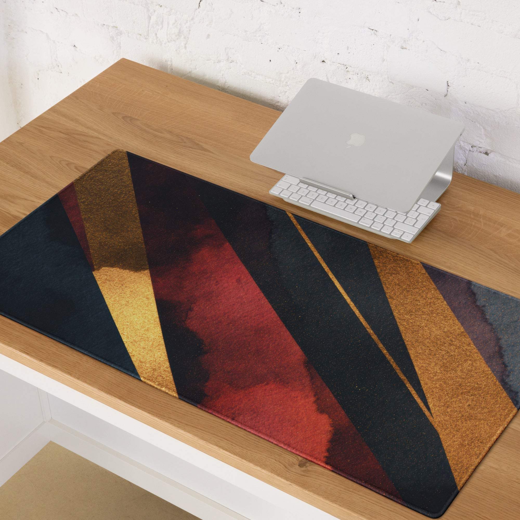 Large premium dark gold striped gaming mouse pad with bold geometric patterns