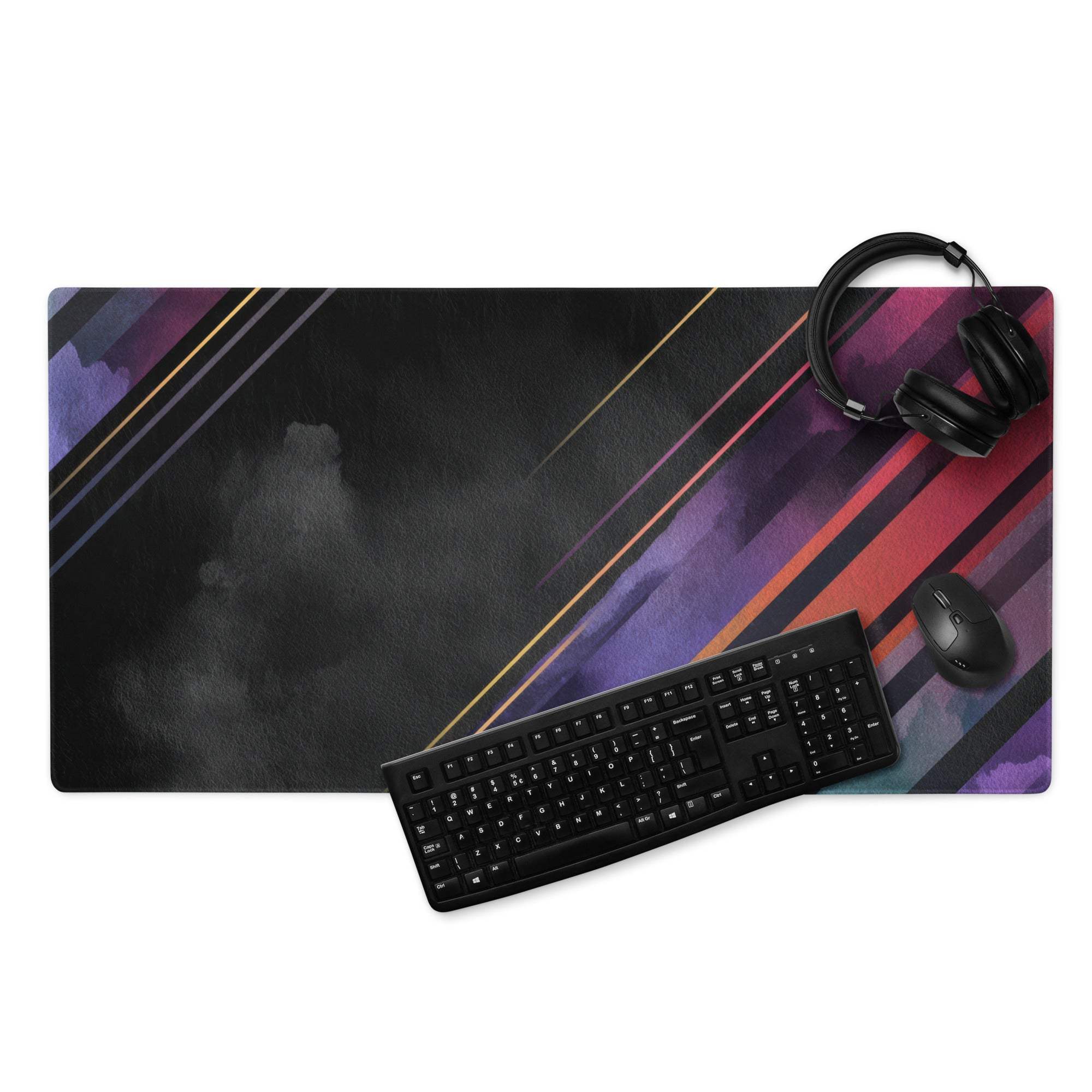 Vibrant diagonal stripe purple red gold gaming mouse pad with non-slip base