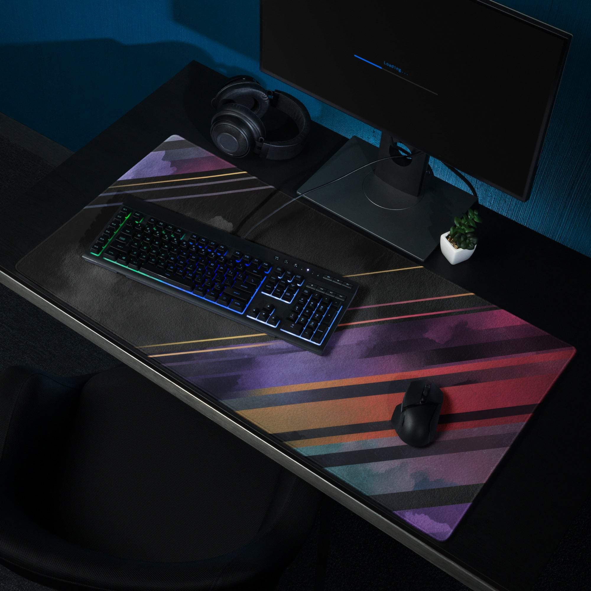 Vibrant diagonal stripe purple pink orange teal gaming mouse pad with non-slip base