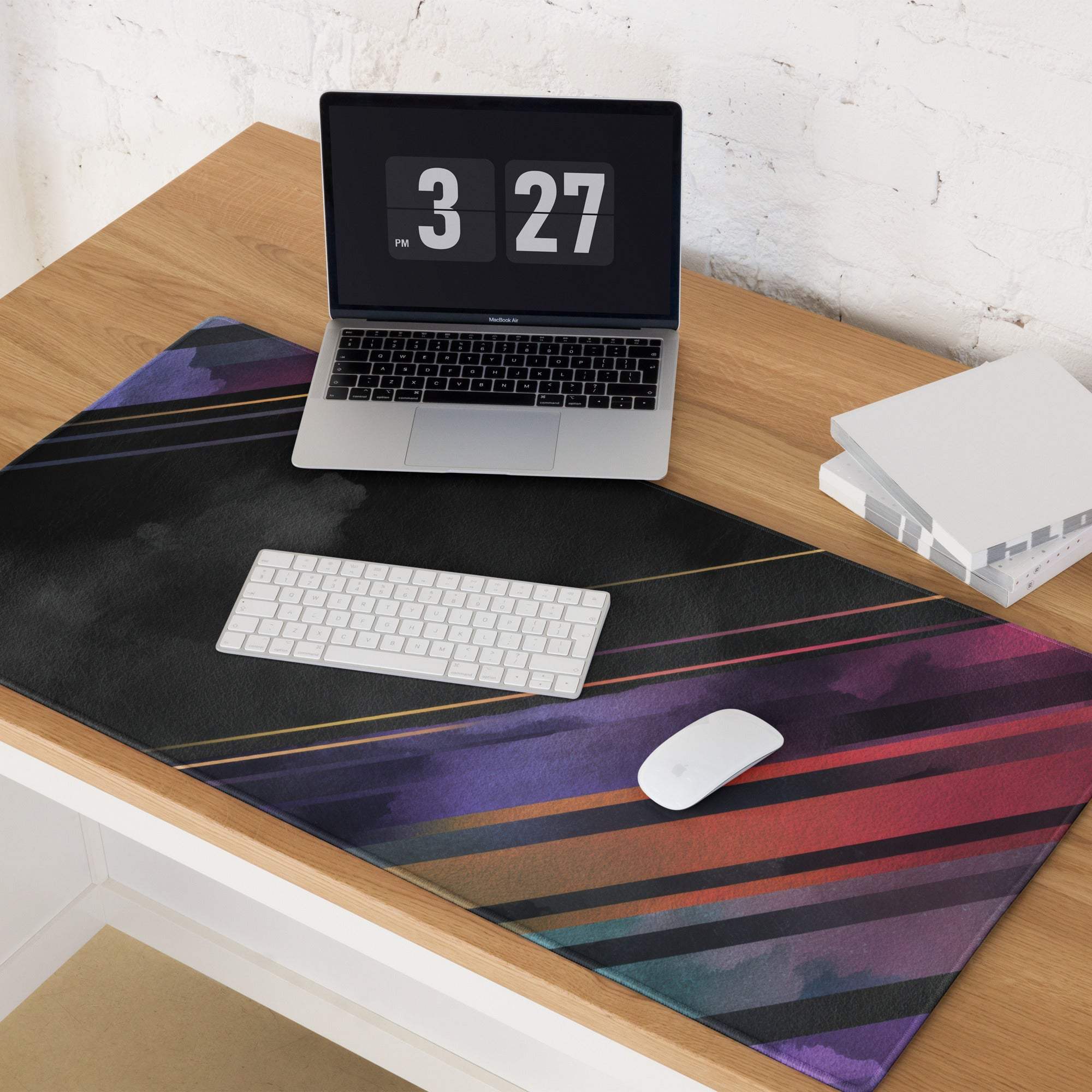 Vibrant diagonal stripe purple red teal gaming mouse pad with non-slip base