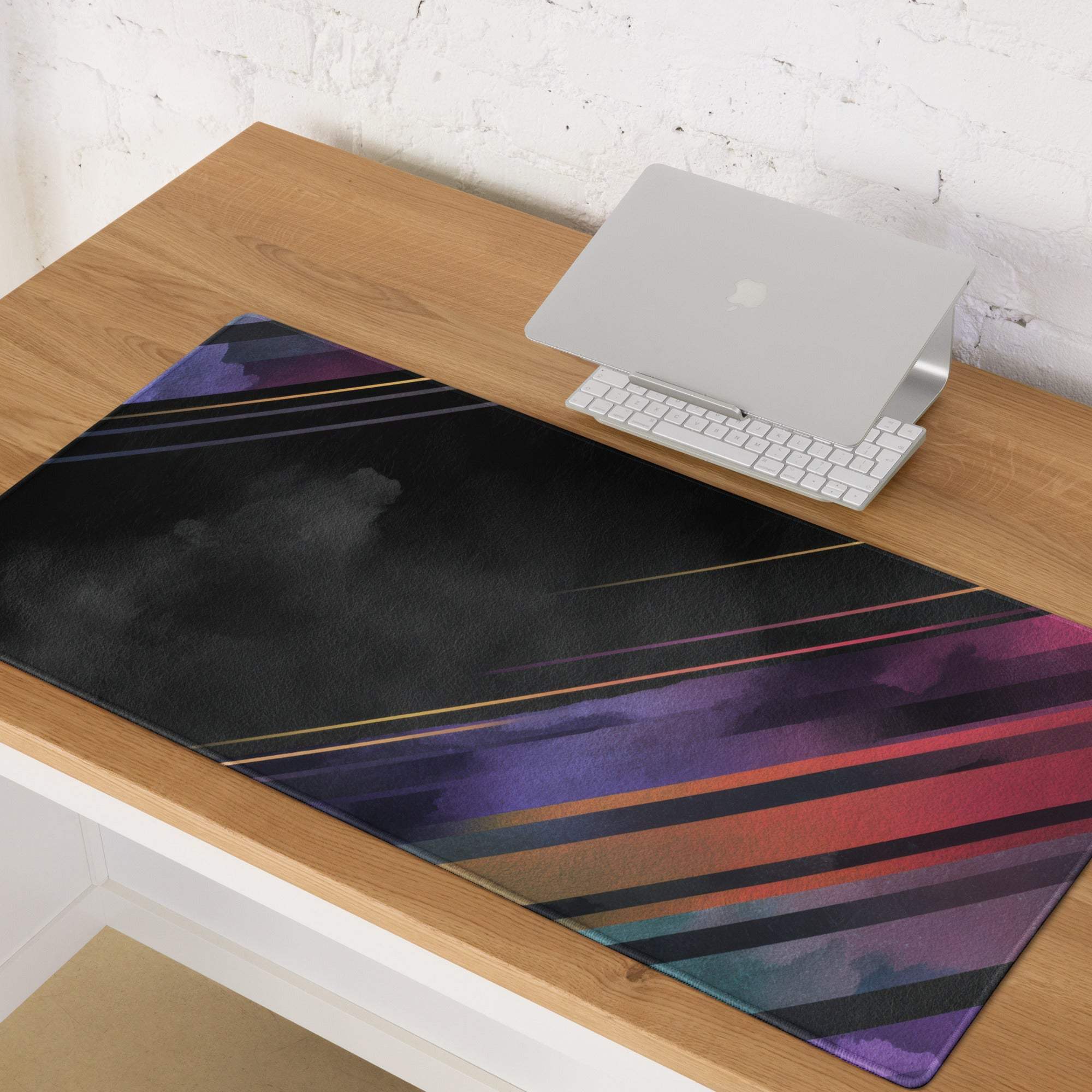 Vibrant diagonal stripe black purple multicolor gaming mouse pad