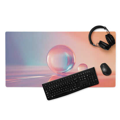 Pastel gradient gaming mousepad with iridescent bubbles, pink blue sunset, non-slip base