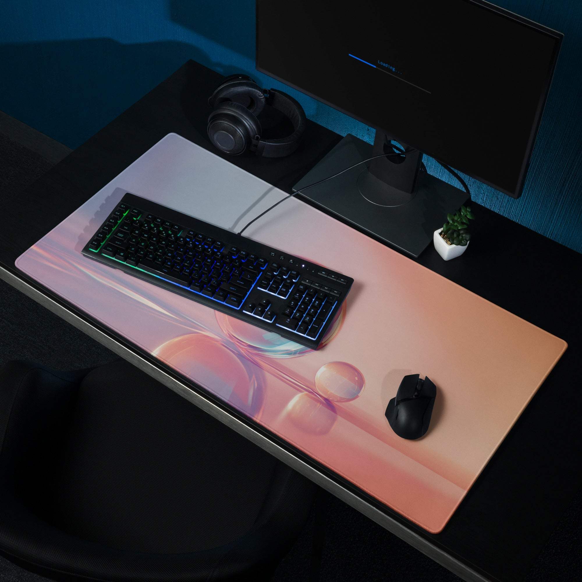 Gradient sunset large gaming mouse pad with pink peach bubbles, non-slip base, stitched edges