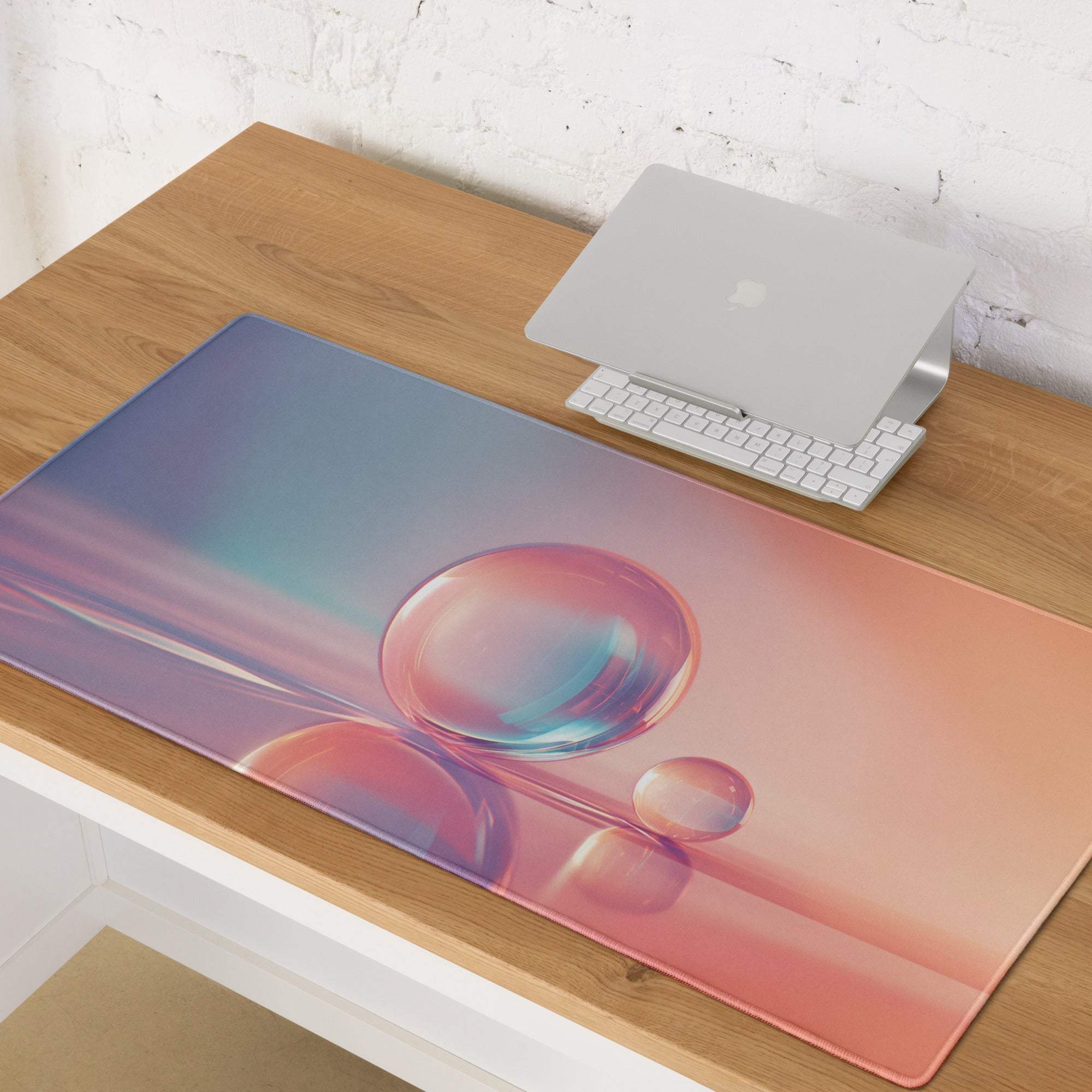 Gradient Sunset large gaming mouse pad with iridescent pink blue bubbles
