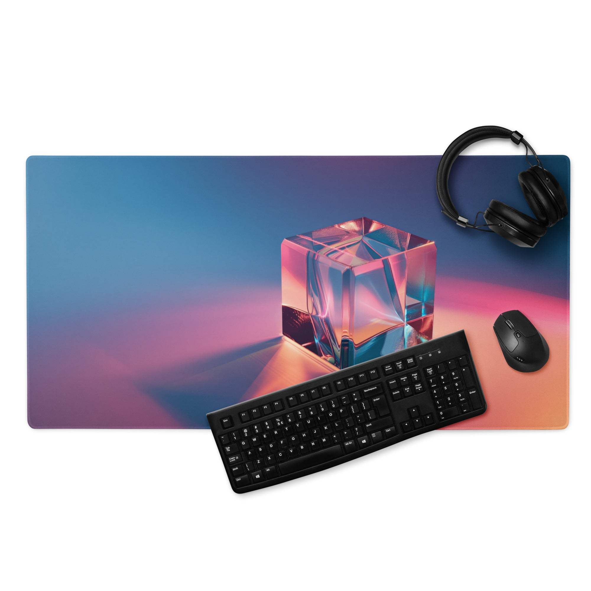 Vibrant neon gradient gaming mouse pad with iridescent crystal cube
