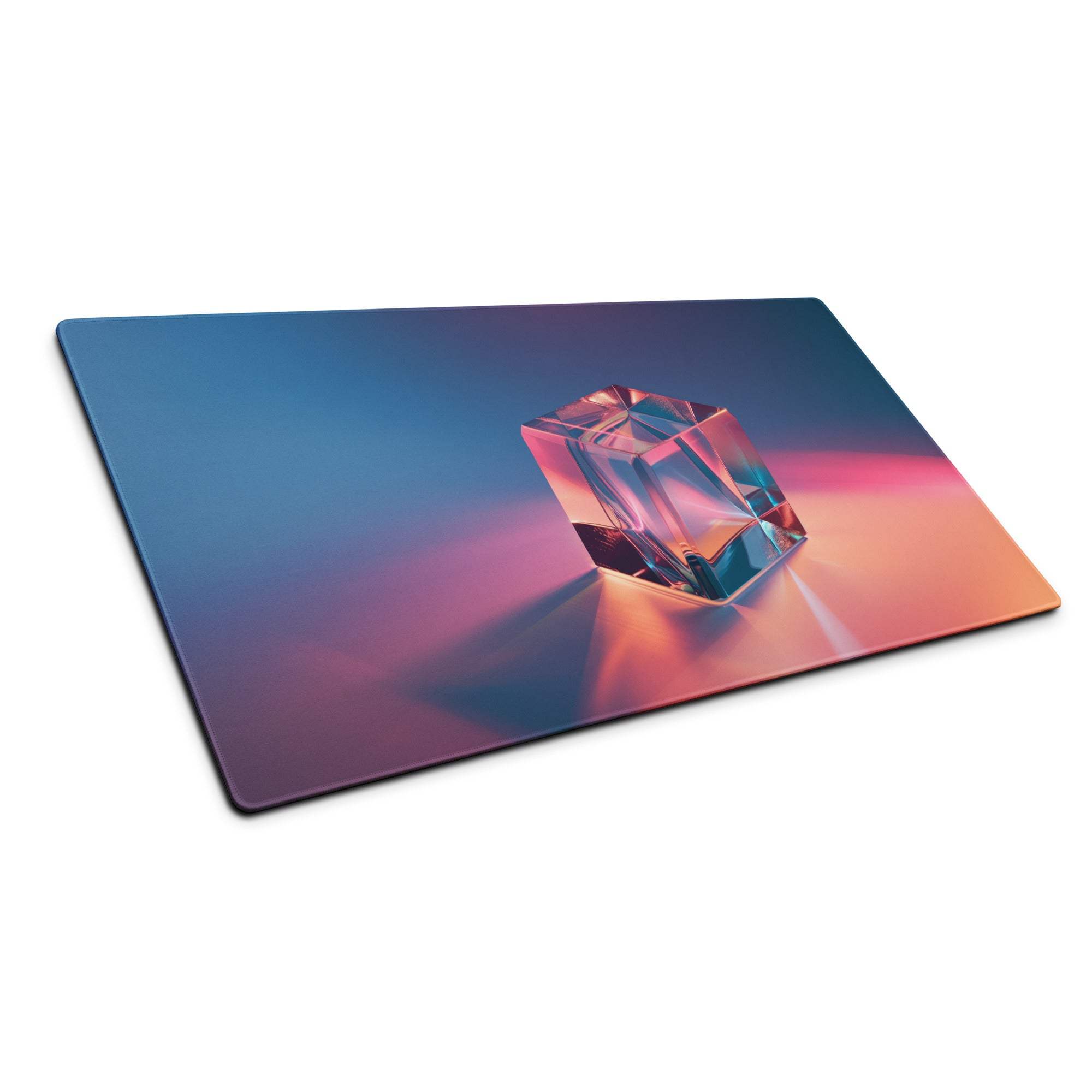 Vibrant neon gradient blue-pink gaming mouse pad with crystal cube design