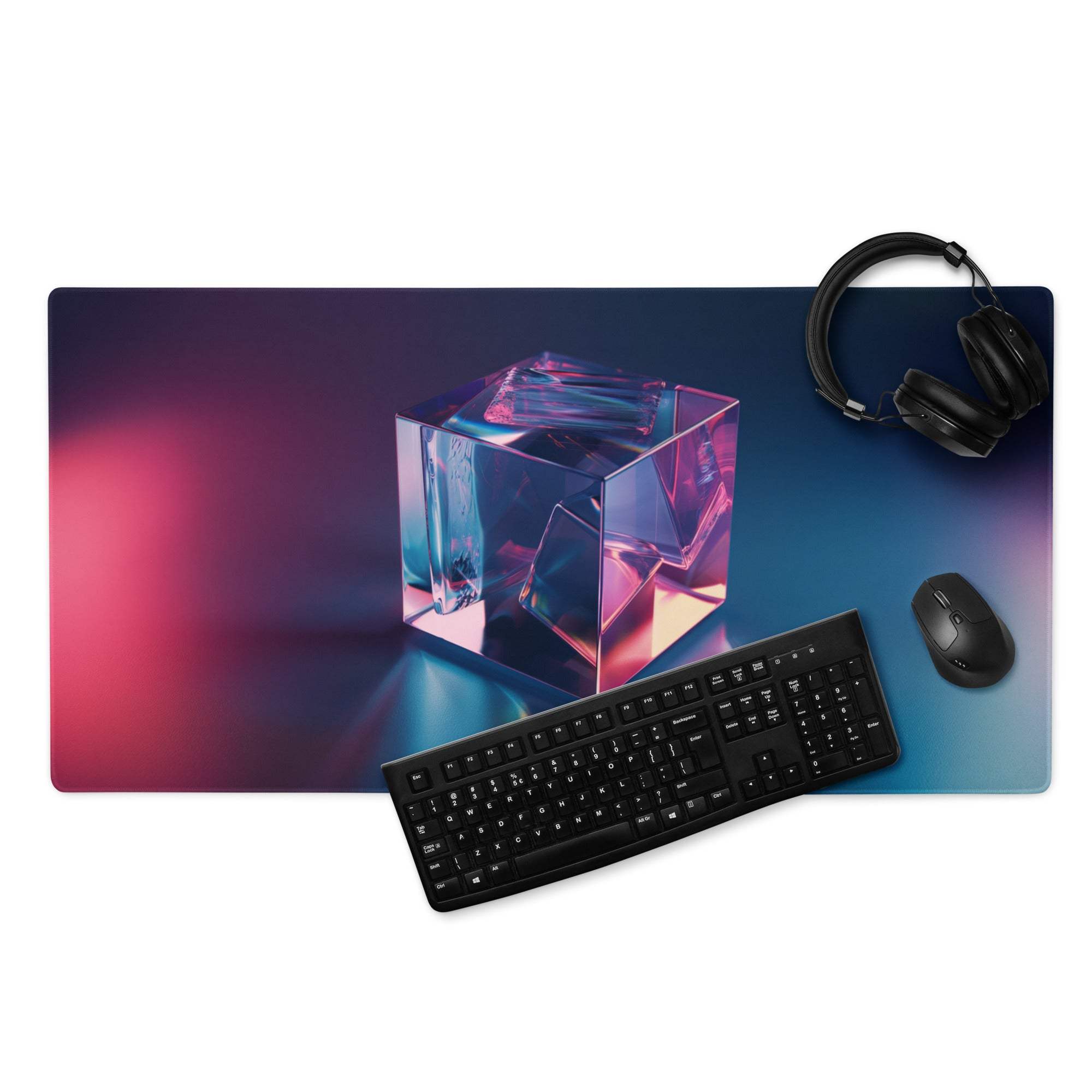 Large neon gradient gaming mouse pad with iridescent cube, pink blue hues, non-slip base