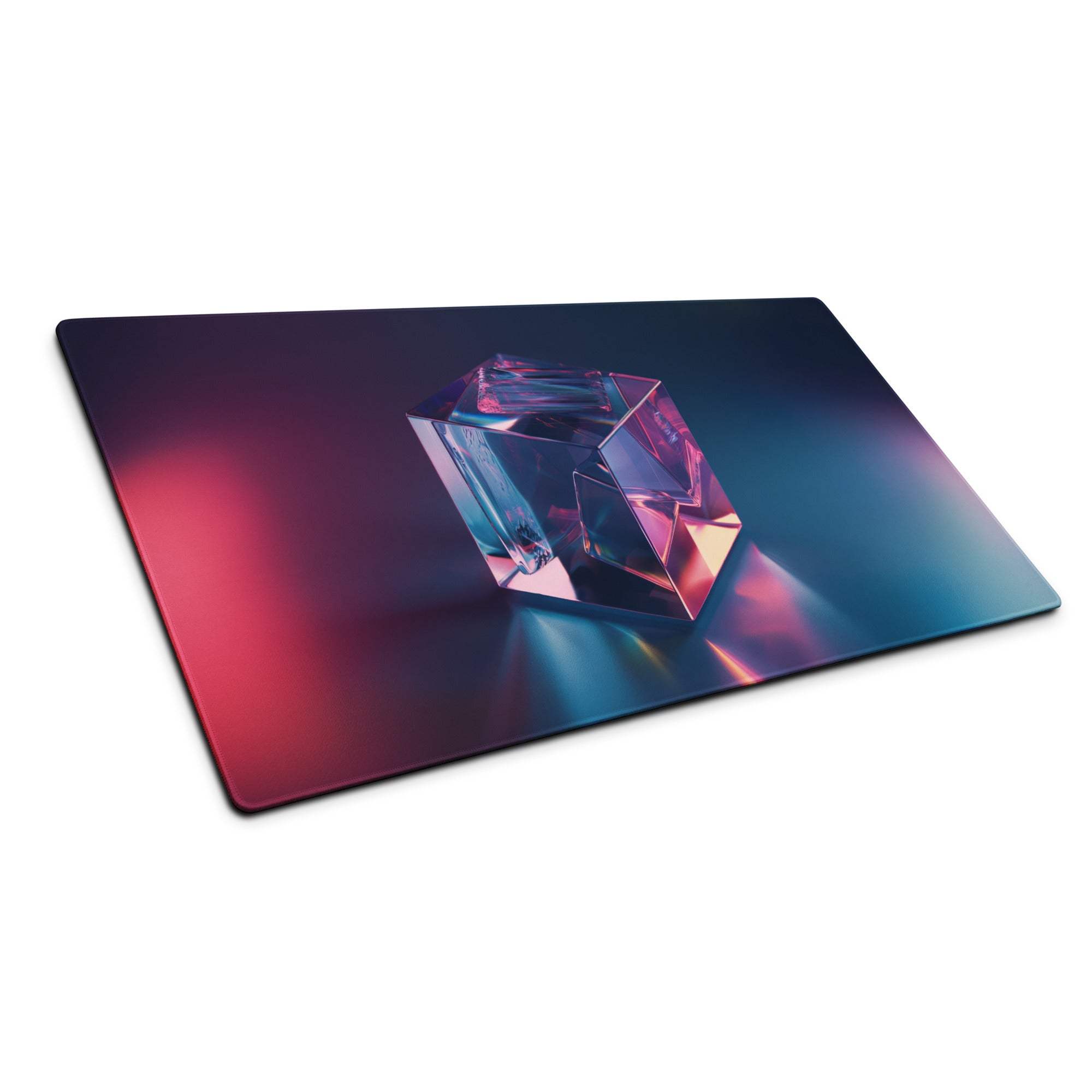 Sleek glass cutting board with iridescent pink blue geometric cubes on large neon gradient gaming mouse pad