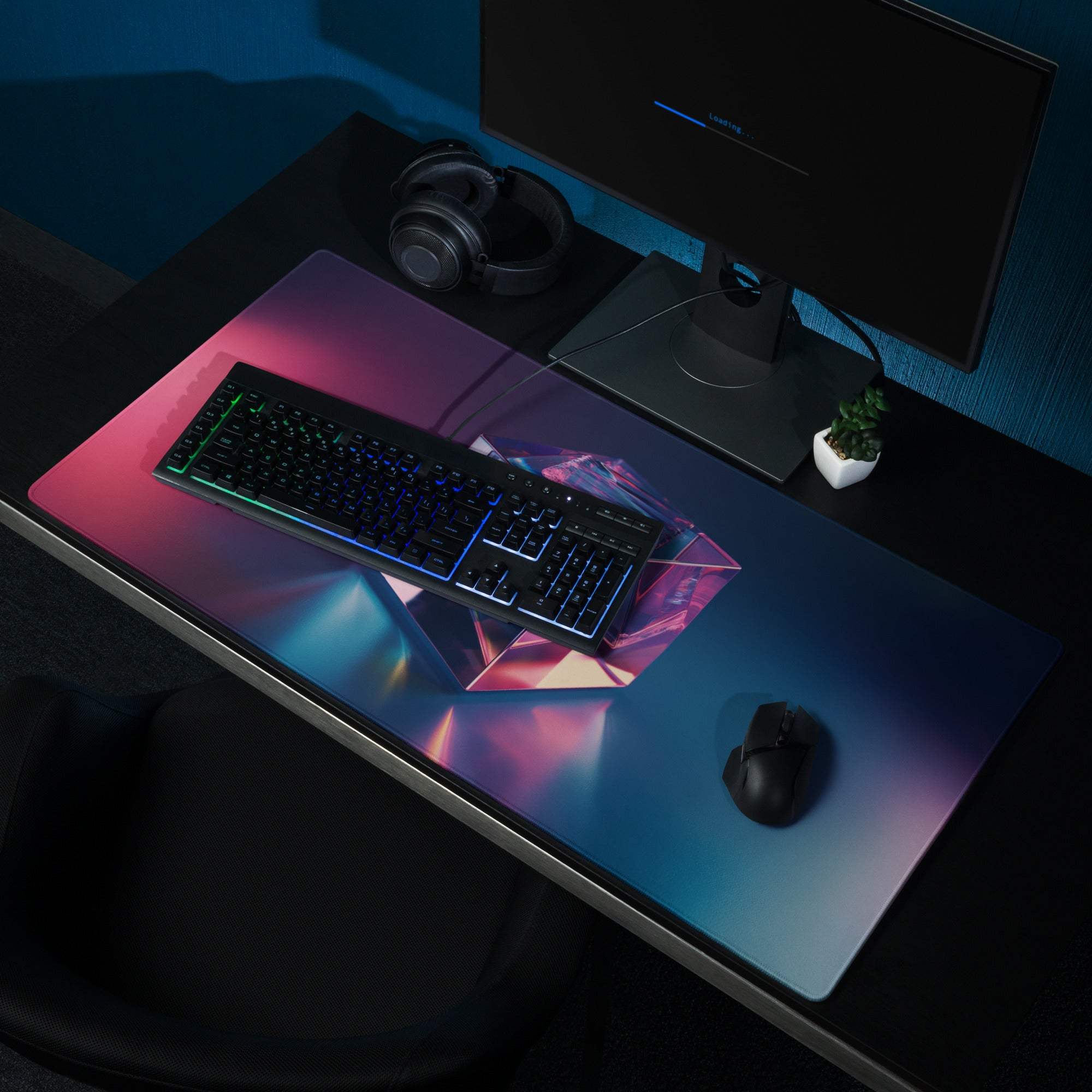 Large neon gradient gaming mouse pad with pink blue geometric design